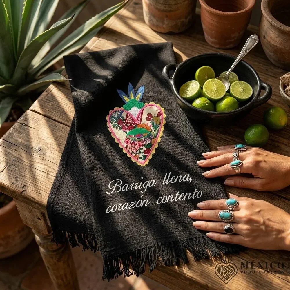 Mexican decorative towel Barriga llena corazon contento 38 x 18 inches